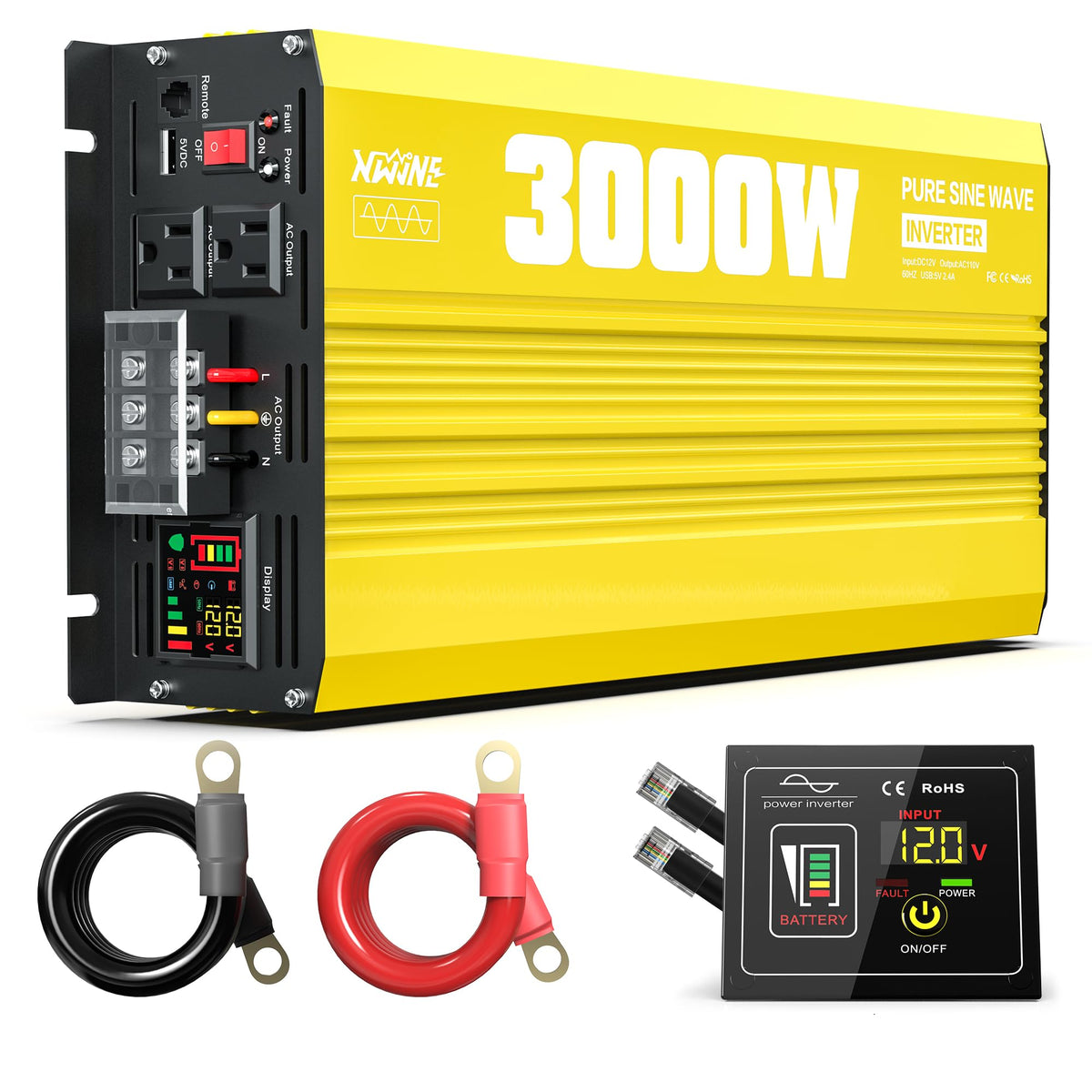 XWJNE 3000W inverter front view with LED display for easy power monitoring