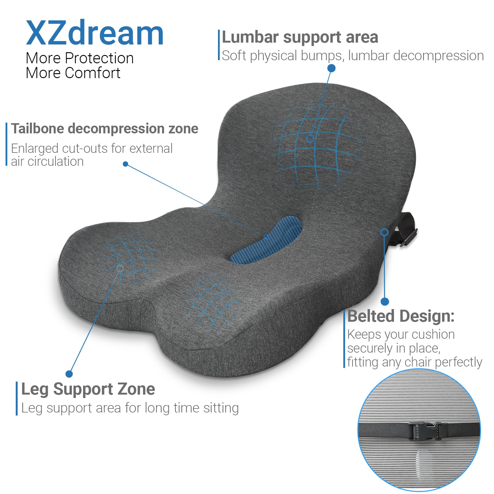 XZdream Cushion with adjustable strap shown on car seat for secure fit