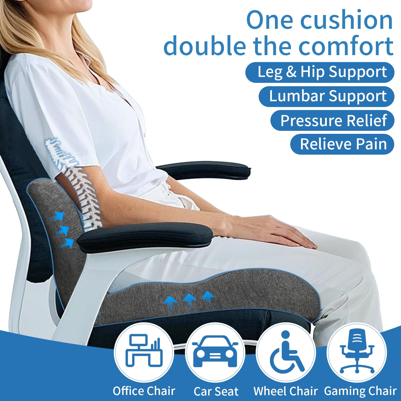 XZdream Memory Foam Seat Cushion with built-in lumbar support for posture relief