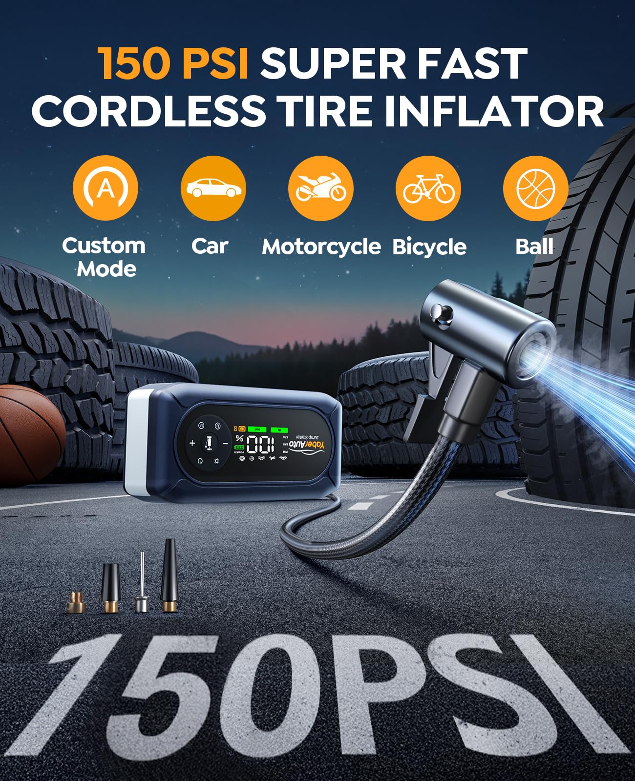 YaberAuto air compressor hose and four nozzles for quick tire inflation