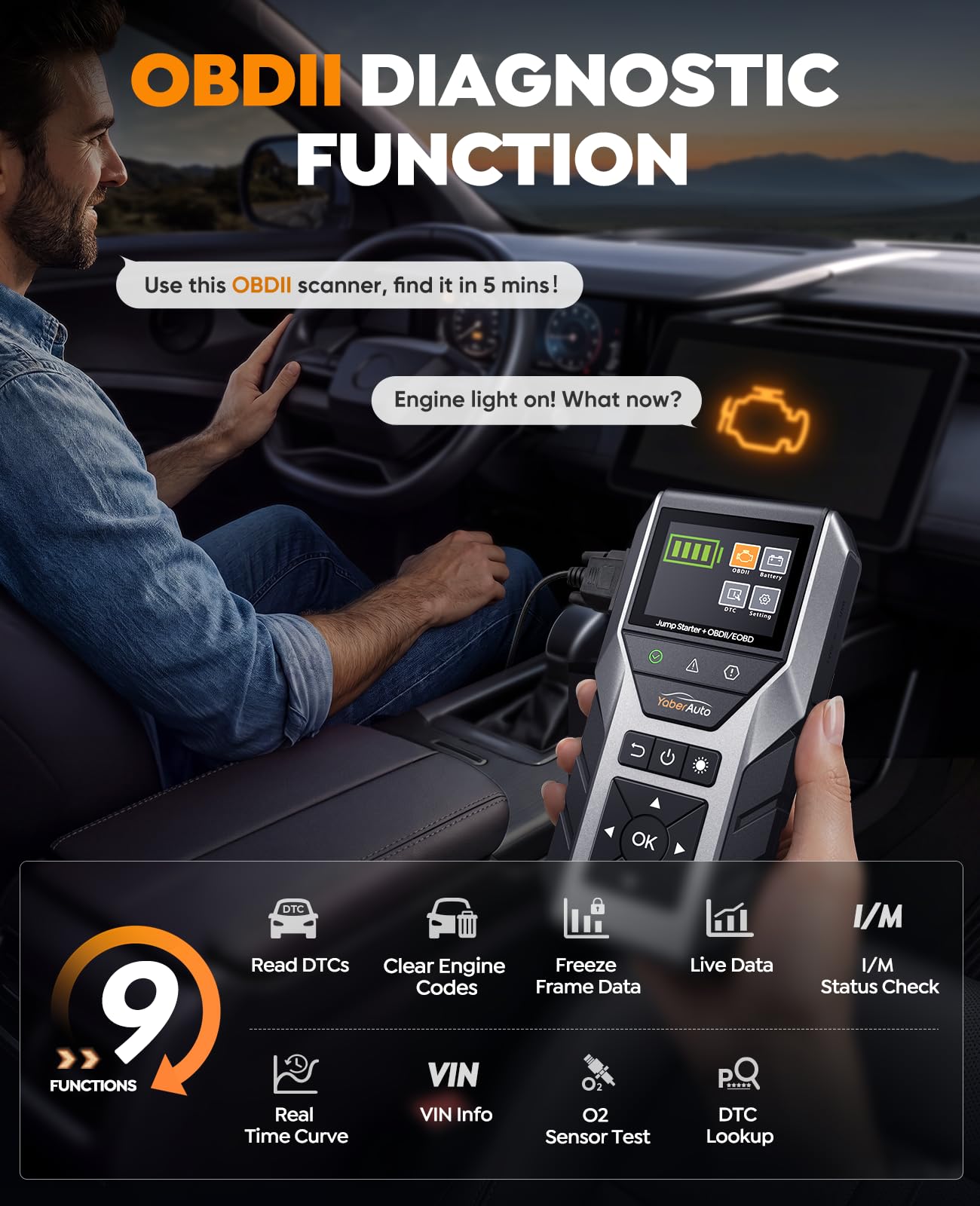 YaberAuto 3.3-inch color screen displaying diagnostic menu for clear readings