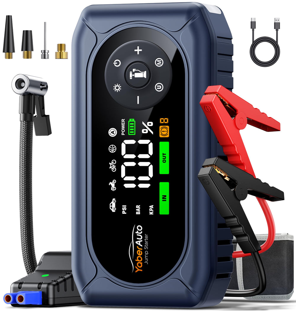 YaberAuto front angle view showing compact 9-in-1 power pack and benefits