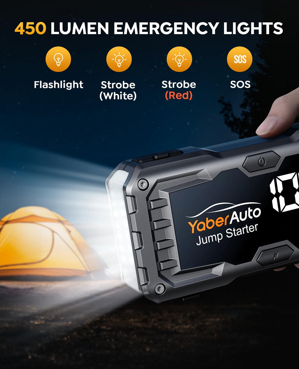 YA100 emergency light modes aid night roadside visibility.