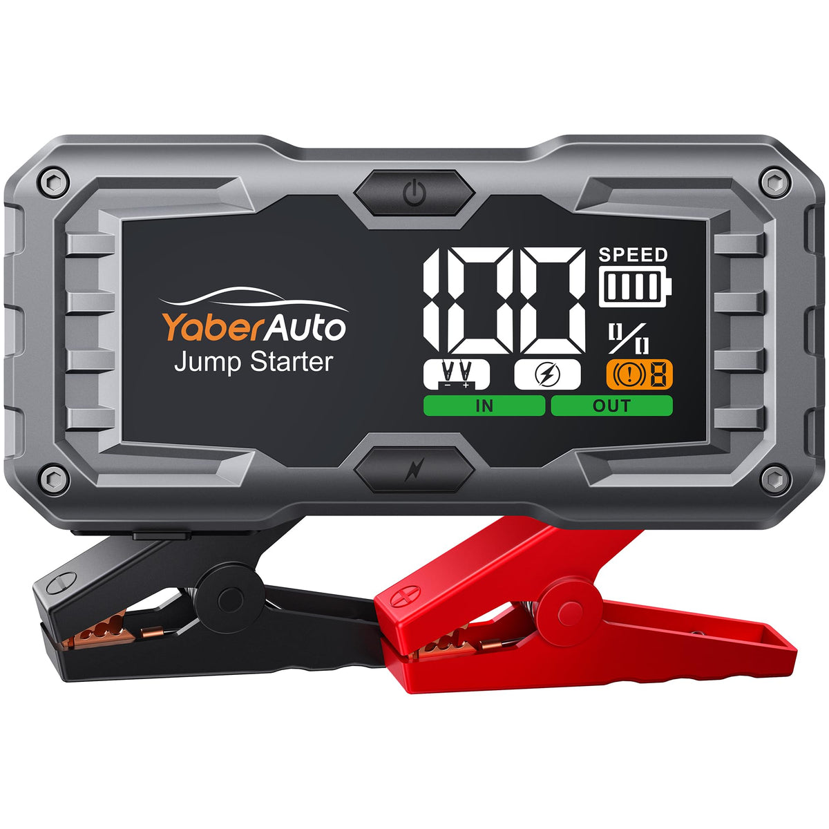 YaberAuto YA100 front view shows a compact jump starter.