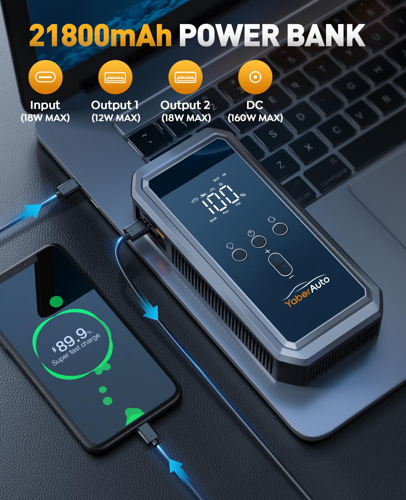 YaberAuto YA70 USB-C power bank charges devices on the go