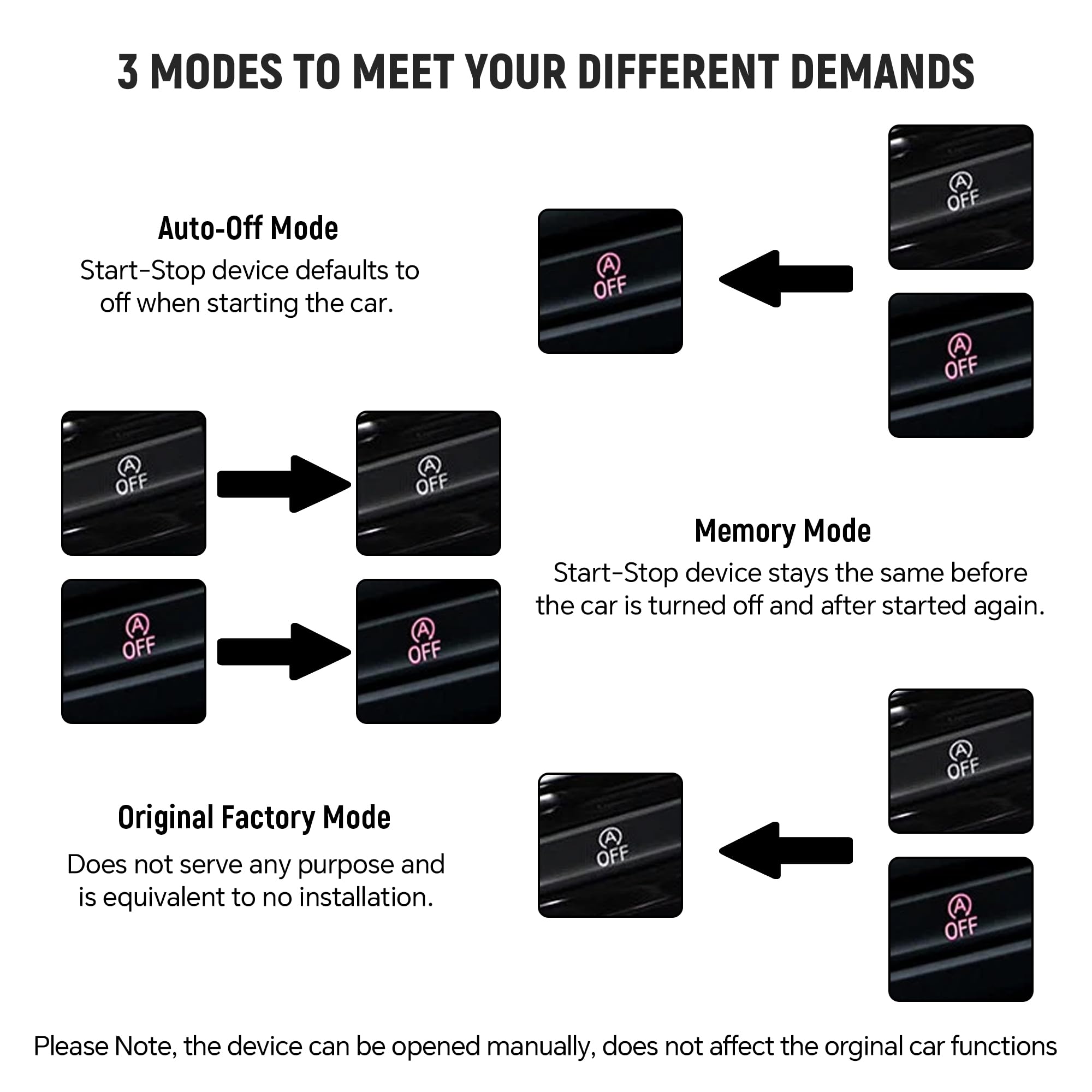 YADINATAY three-mode switch demonstrates Auto-off, Memory, and Original Factory modes.