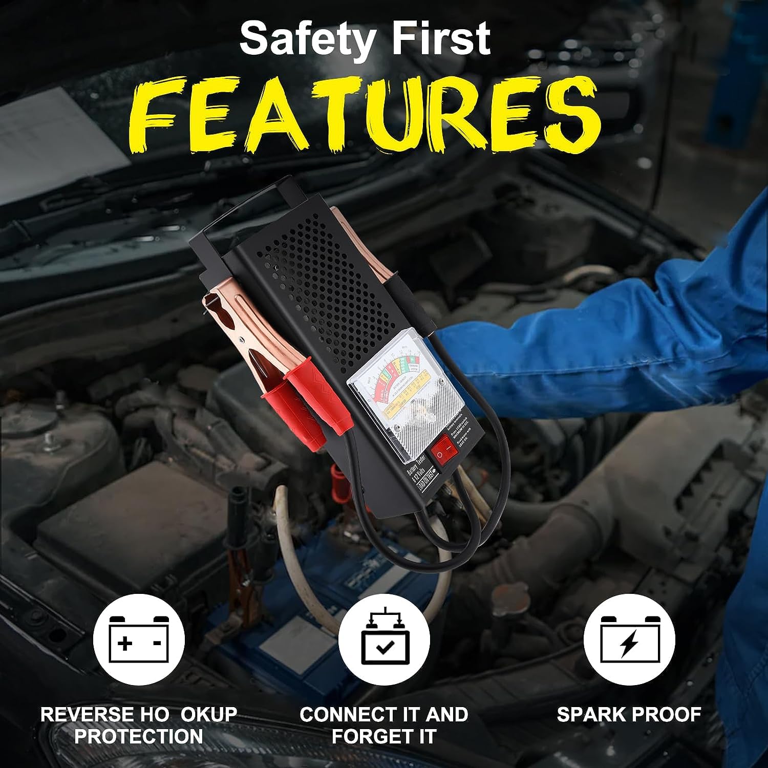 Yaegoo tester in a car bay demonstrates compatibility with 6V and 12V systems.