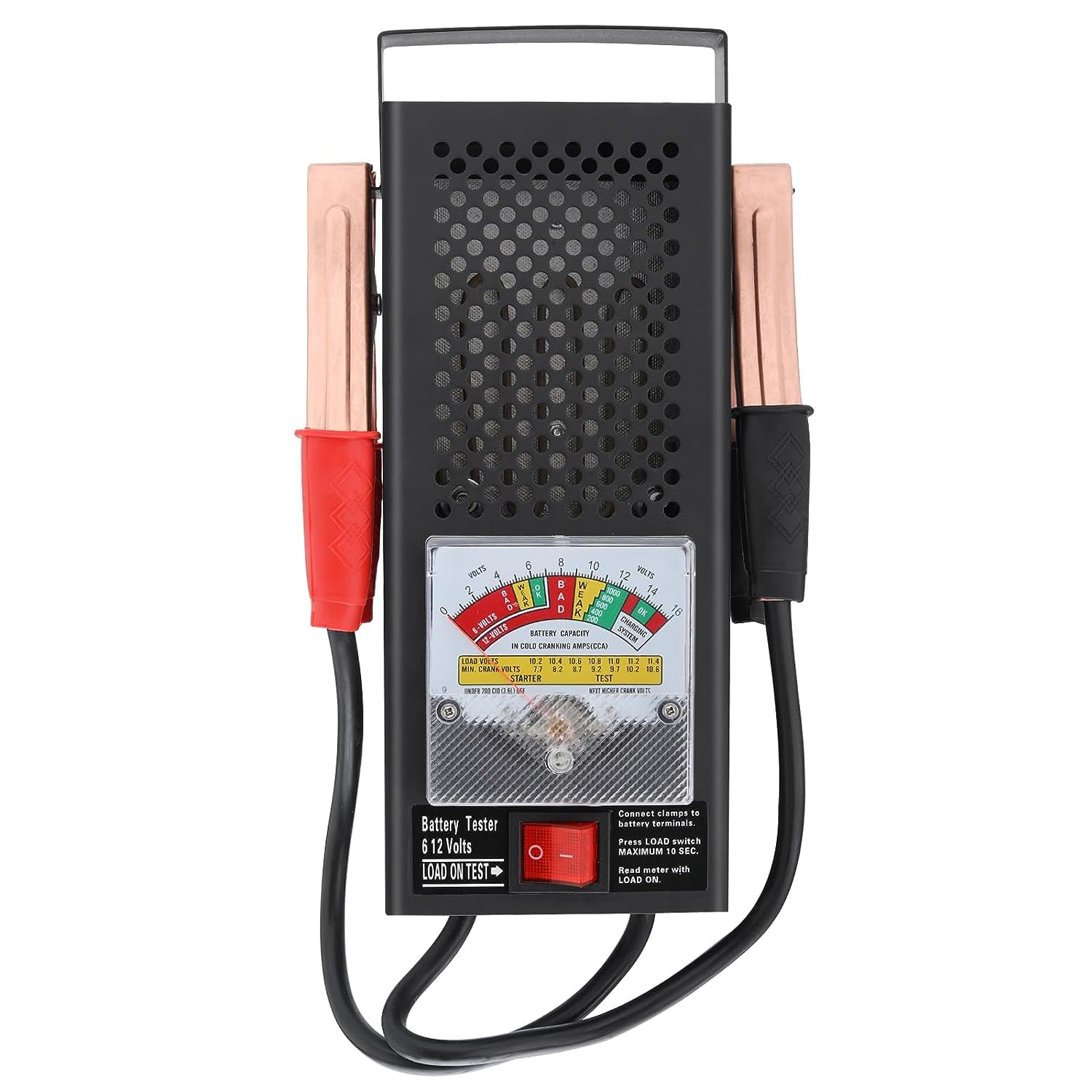 Yaegoo car battery tester front view showing compact handheld design for easy home use.