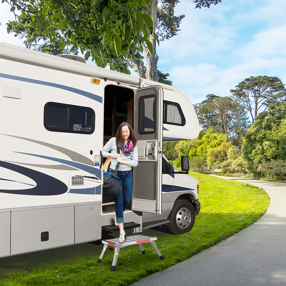 Yagud height-adjustable RV step extended for convenient vehicle access.
