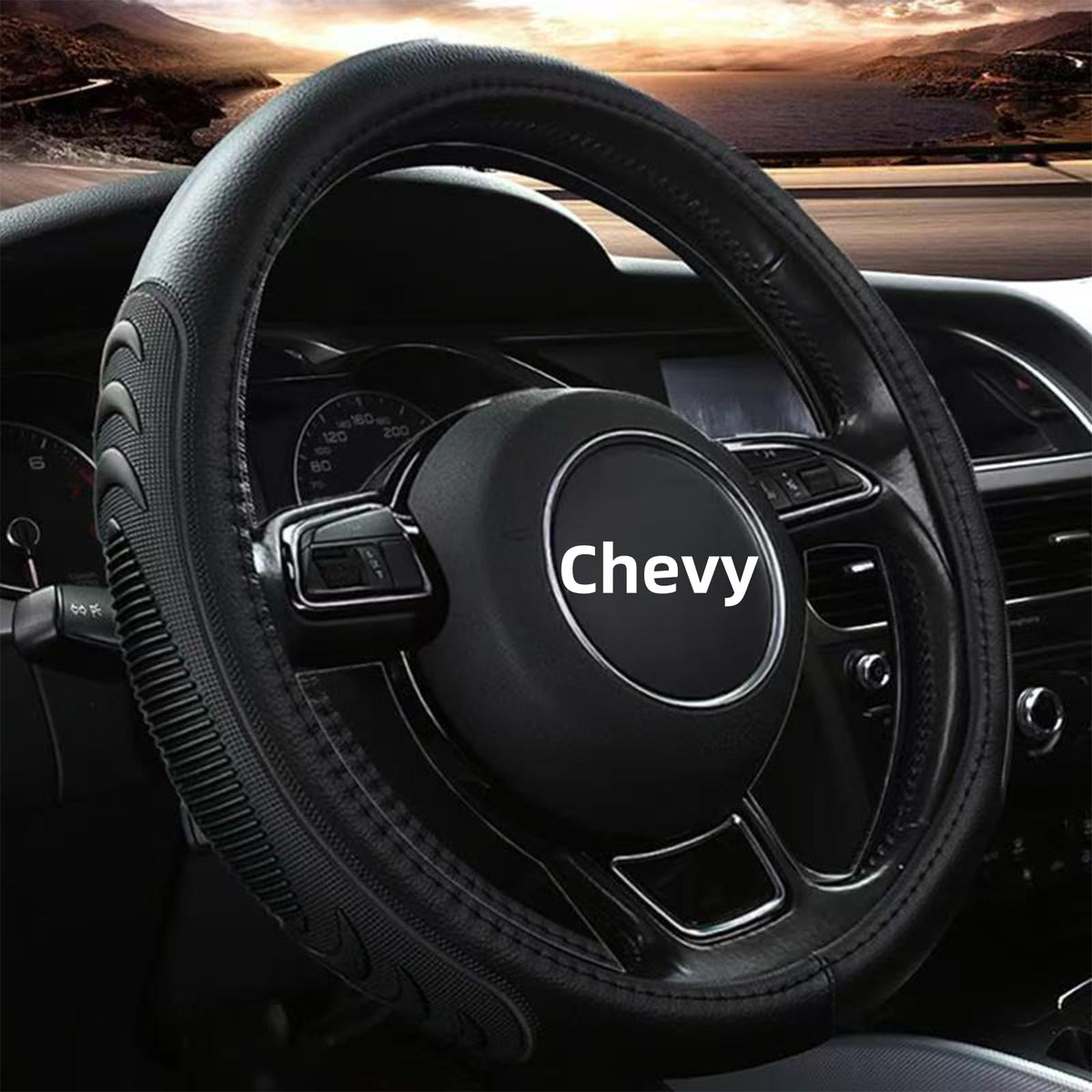 Yangday leather steering cover for Chevy Silverado, 14.5–15 in fit, enhances grip.