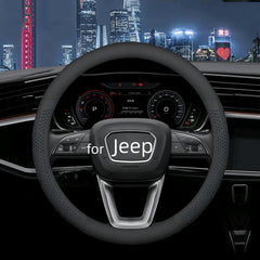 Yangday leather steering wheel cover, custom-fit for Jeep, enhances grip and comfort.