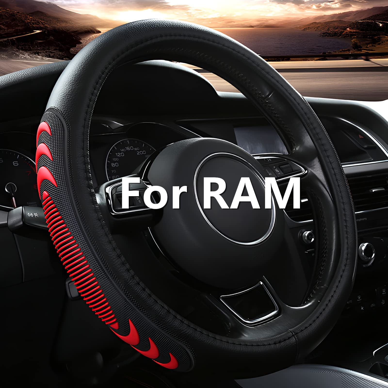 Yangday leather steering wheel cover on a Dodge Ram with a bold red accent for secure grip.