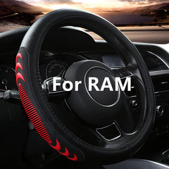 Yangday leather steering wheel cover on a Dodge Ram with a bold red accent for secure grip.
