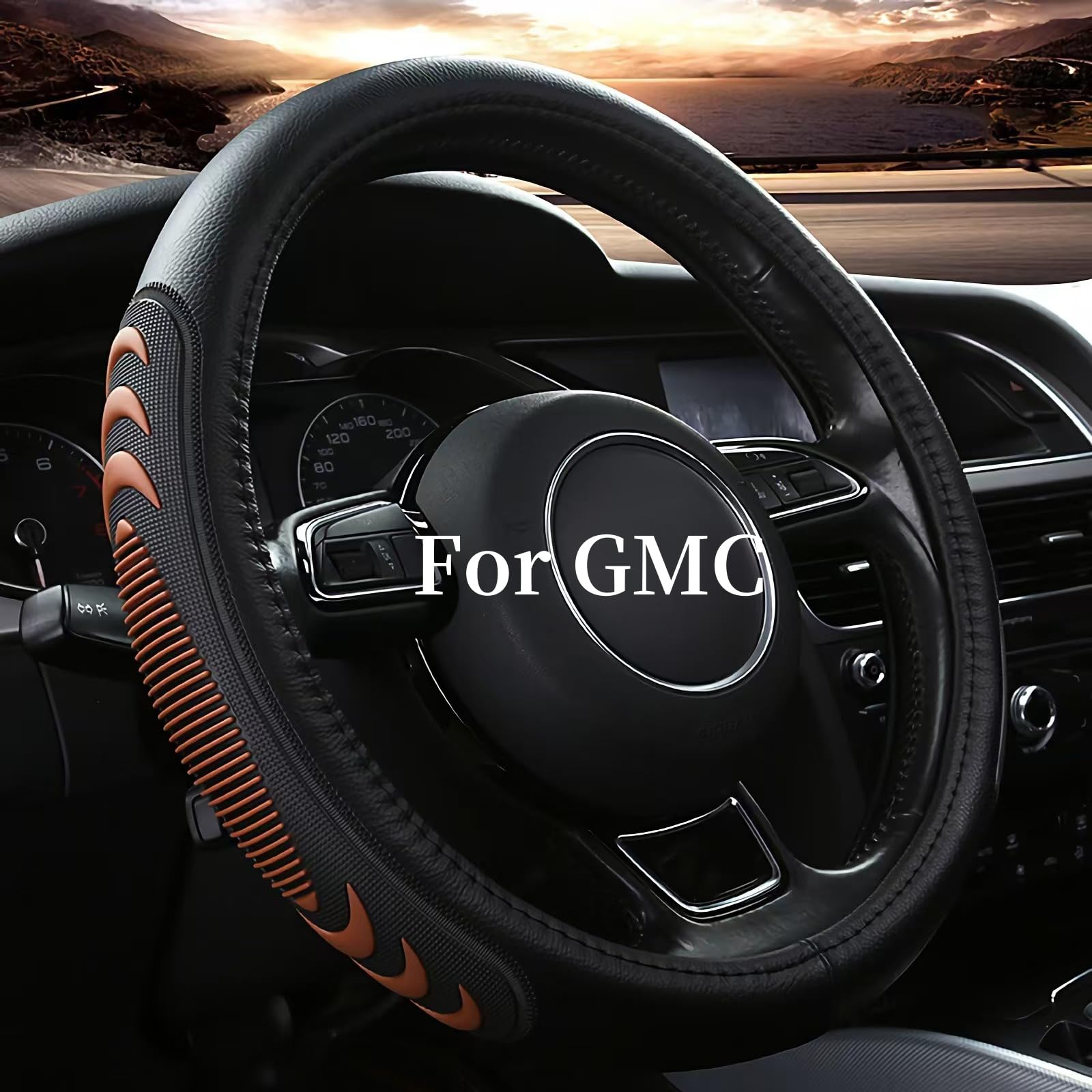 Yangday leather steering wheel cover on GMC Sierra 15-inch, brown, custom fit