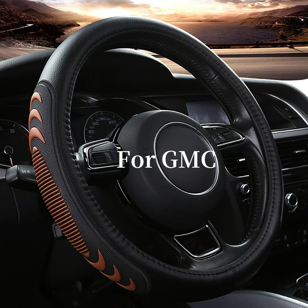 Yangday leather steering wheel cover on GMC Sierra 15-inch, brown, custom fit