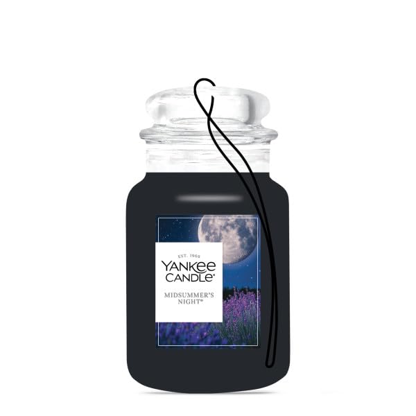 Yankee Candle Car Jar Midsummers Night close-up label highlights musk and patchouli.