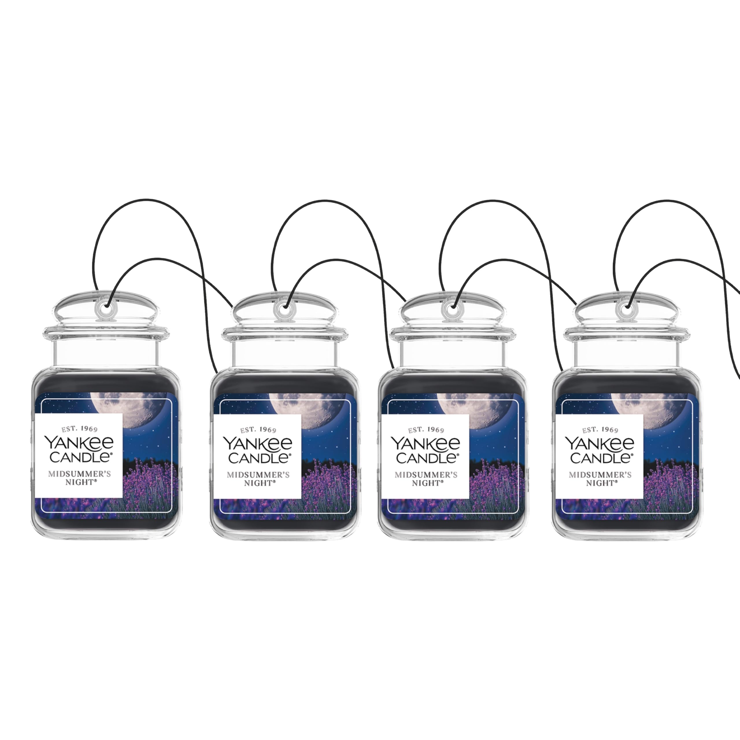 Yankee Candle Car Jar Ultimate Midsummer's Night packaging showcases easy hanging and replacement signal.