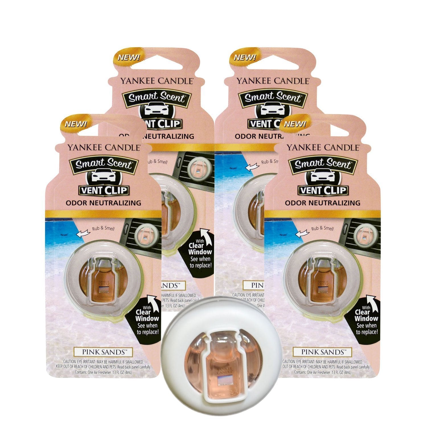 Yankee Candle Smart Scent vent clip Pink Sands, front view, clear window for replacement timing.