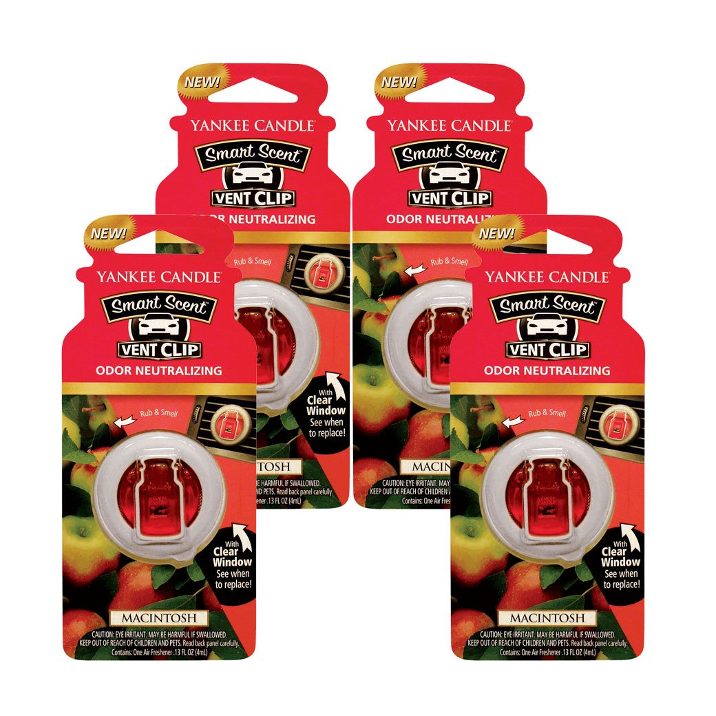 Yankee Candle Macintosh vent clips front view showing four-pack for easy fragrance replacement.