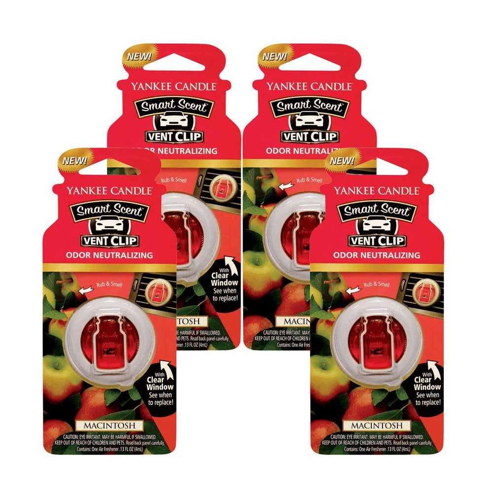 Yankee Candle Macintosh vent clips front view showing four-pack for easy fragrance replacement.