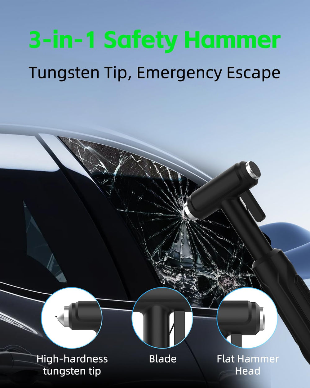 YANTU 3-in-1 safety hammer with tungsten tip for emergencies
