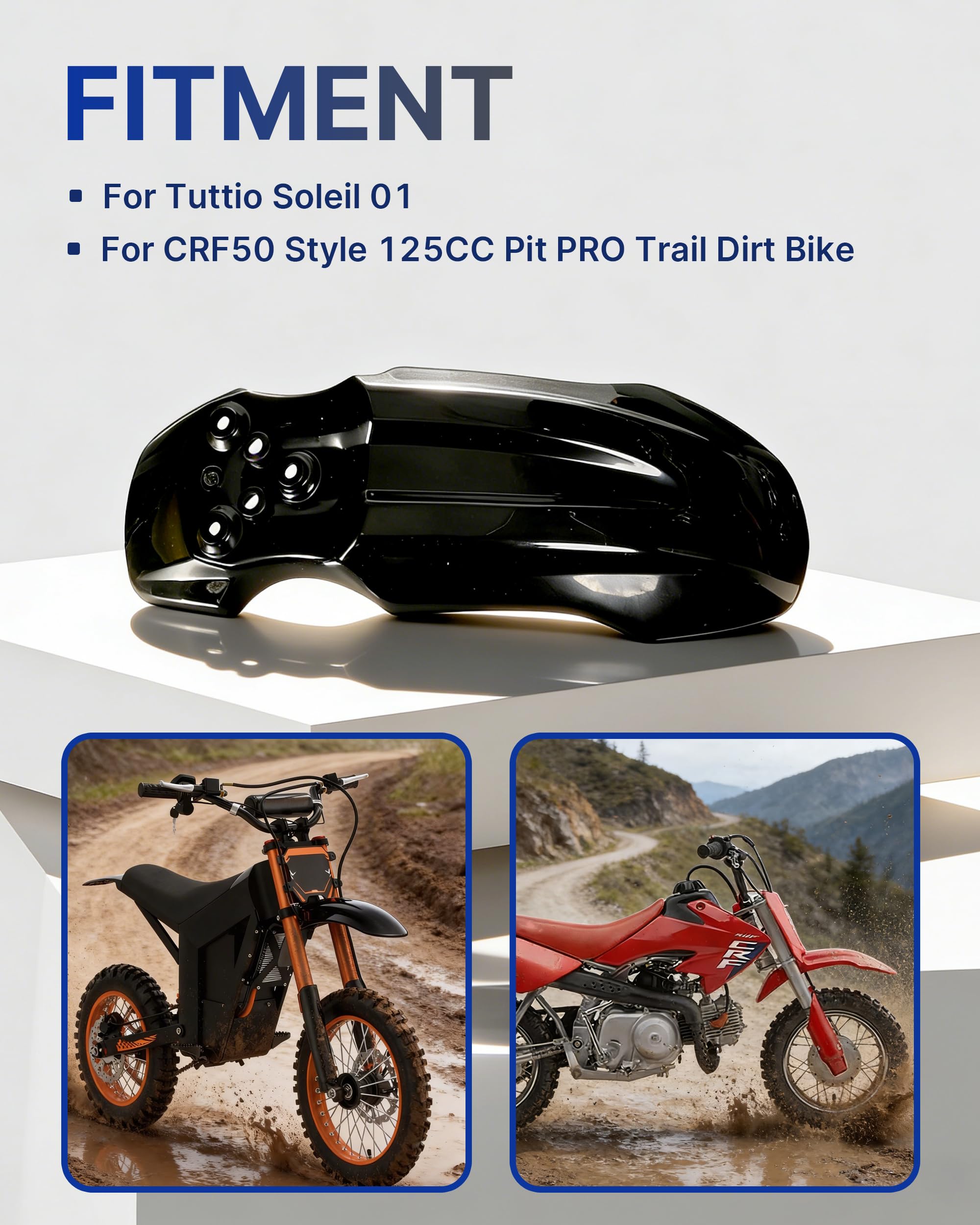 YAORISE front fender for CRF50-style 125cc mounted with improved trail cleanliness.