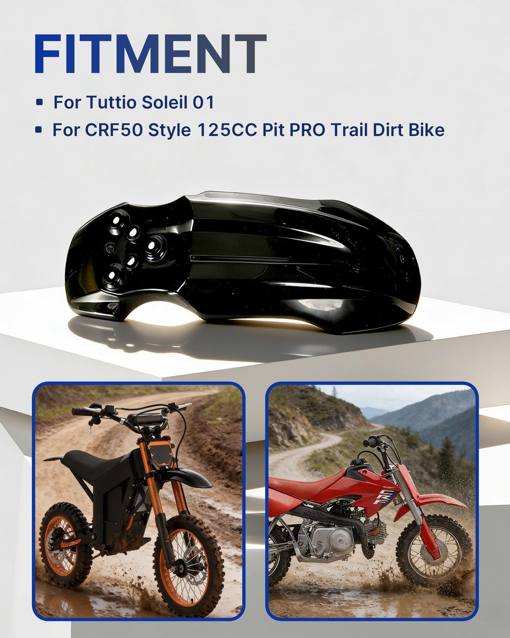 YAORISE front fender for CRF50-style 125cc mounted with improved trail cleanliness.