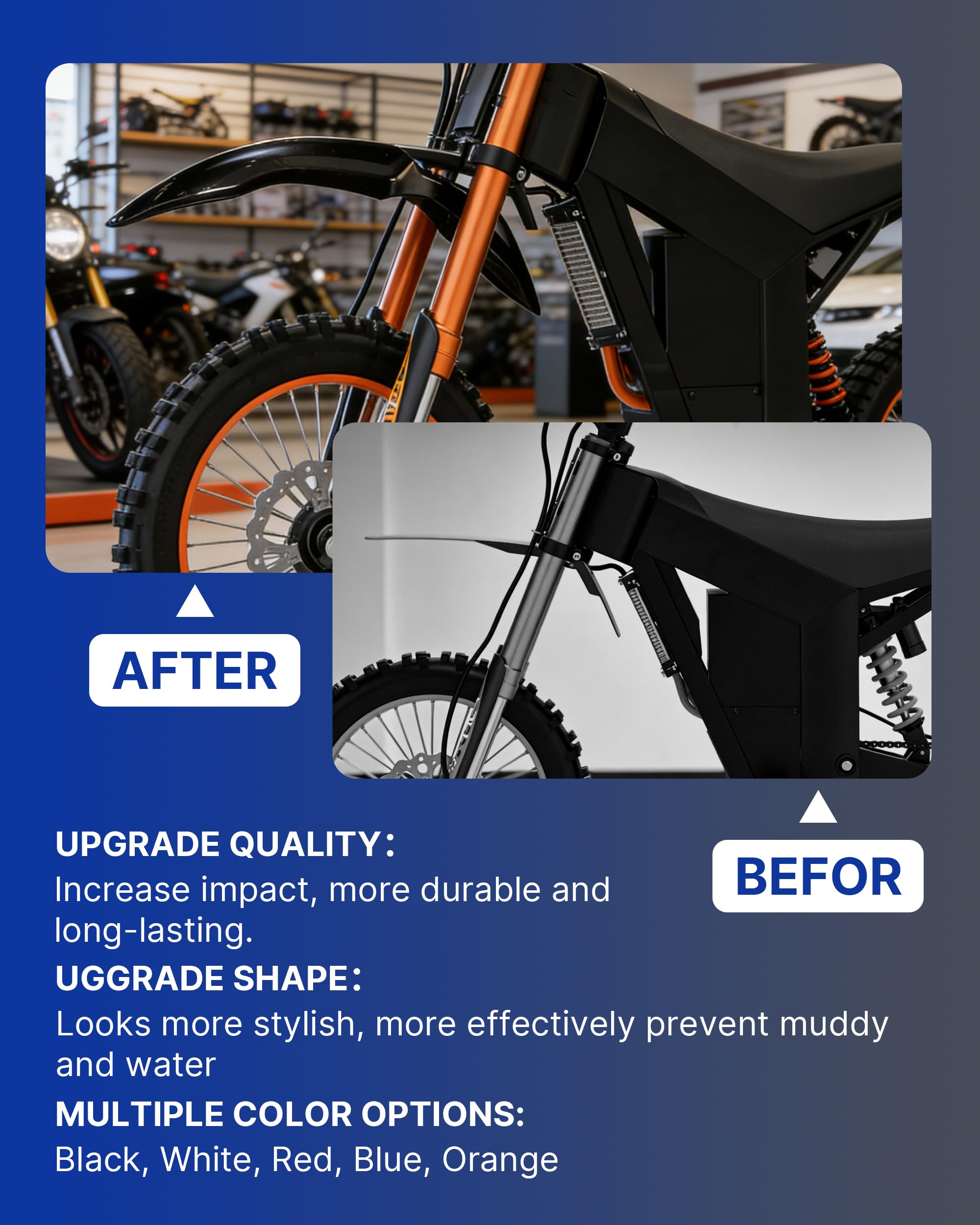 YAORISE front fender close-up shows durable PP material protecting components on rugged trails.
