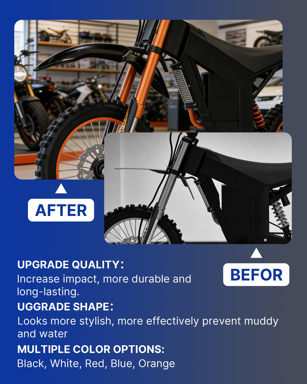 YAORISE front fender close-up shows durable PP material protecting components on rugged trails.