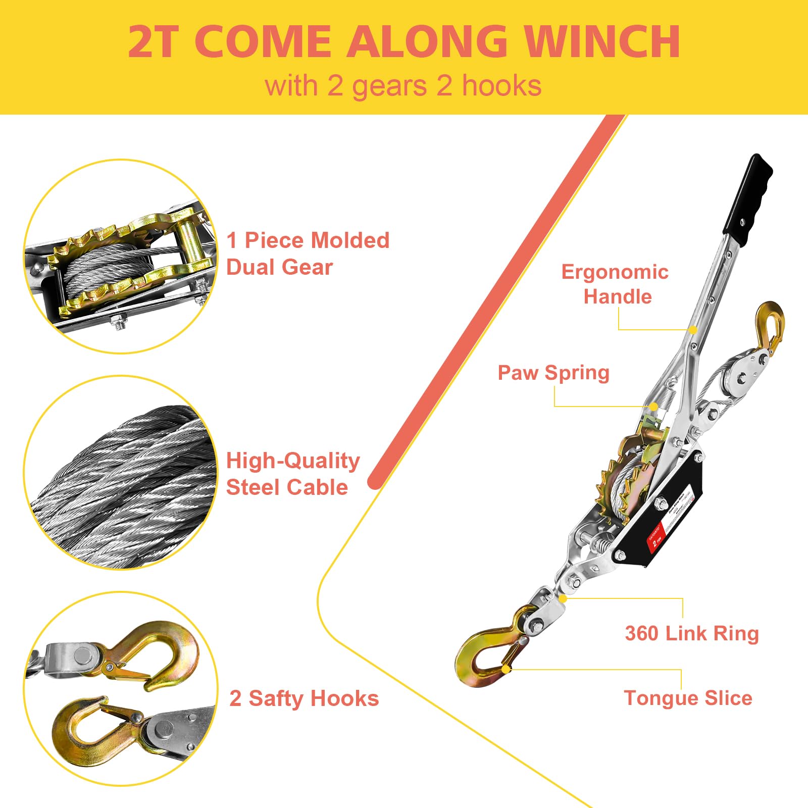 YATOINTO Come Along Winch Dual Gear mechanism for smooth pulling