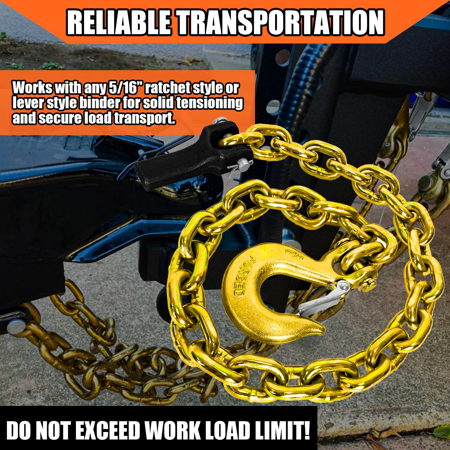 YATOINTO heat-treated Grade 80 3/8-inch chain offers high tensile strength for heavy-duty towing.