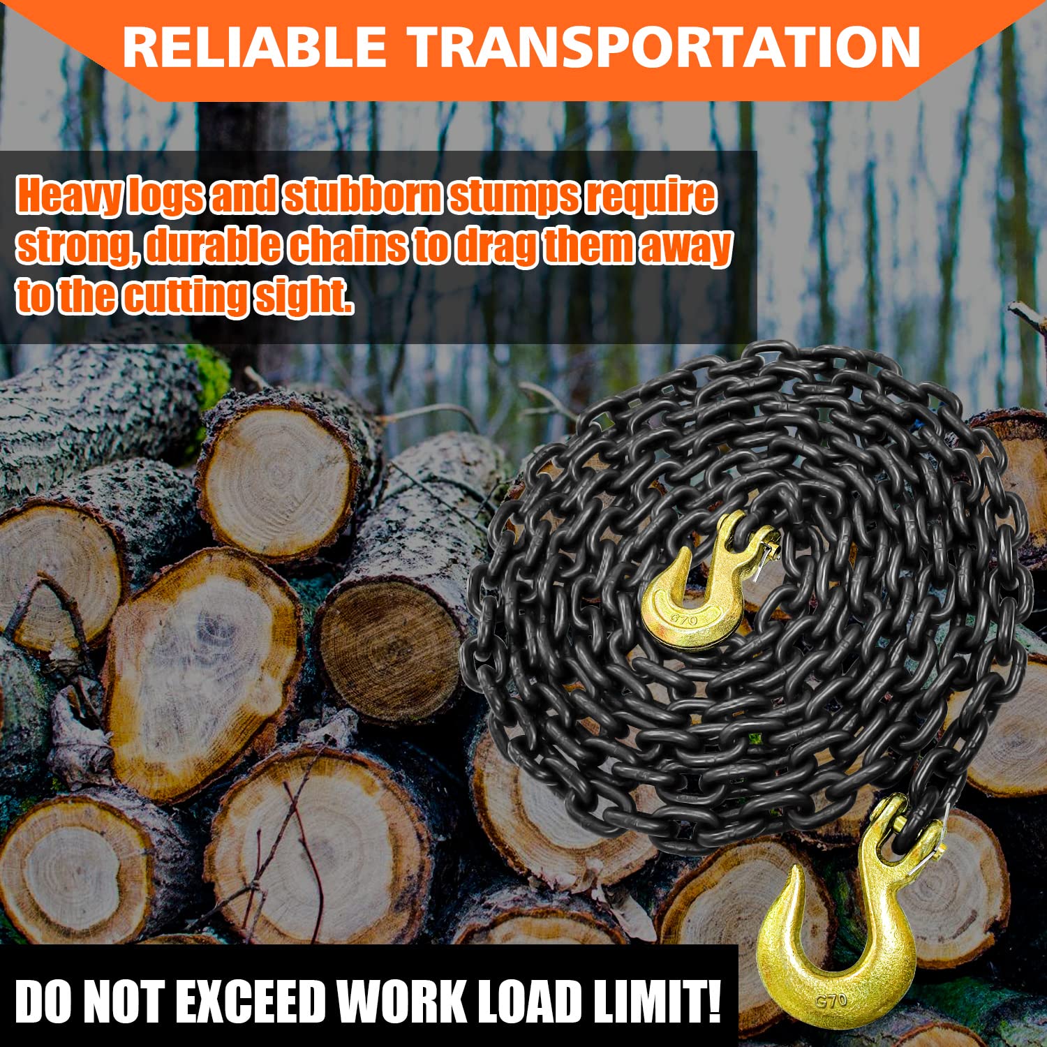 YATOINTO Grade 80 log chain with slip hook for easy dragging of heavy loads.