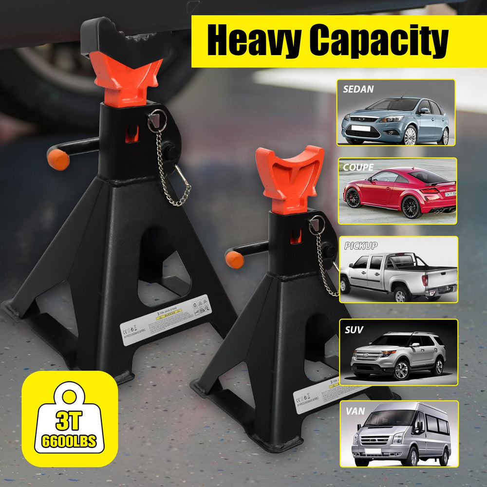 YATOINTO jack stands in use, supporting a vehicle safely in a garage.