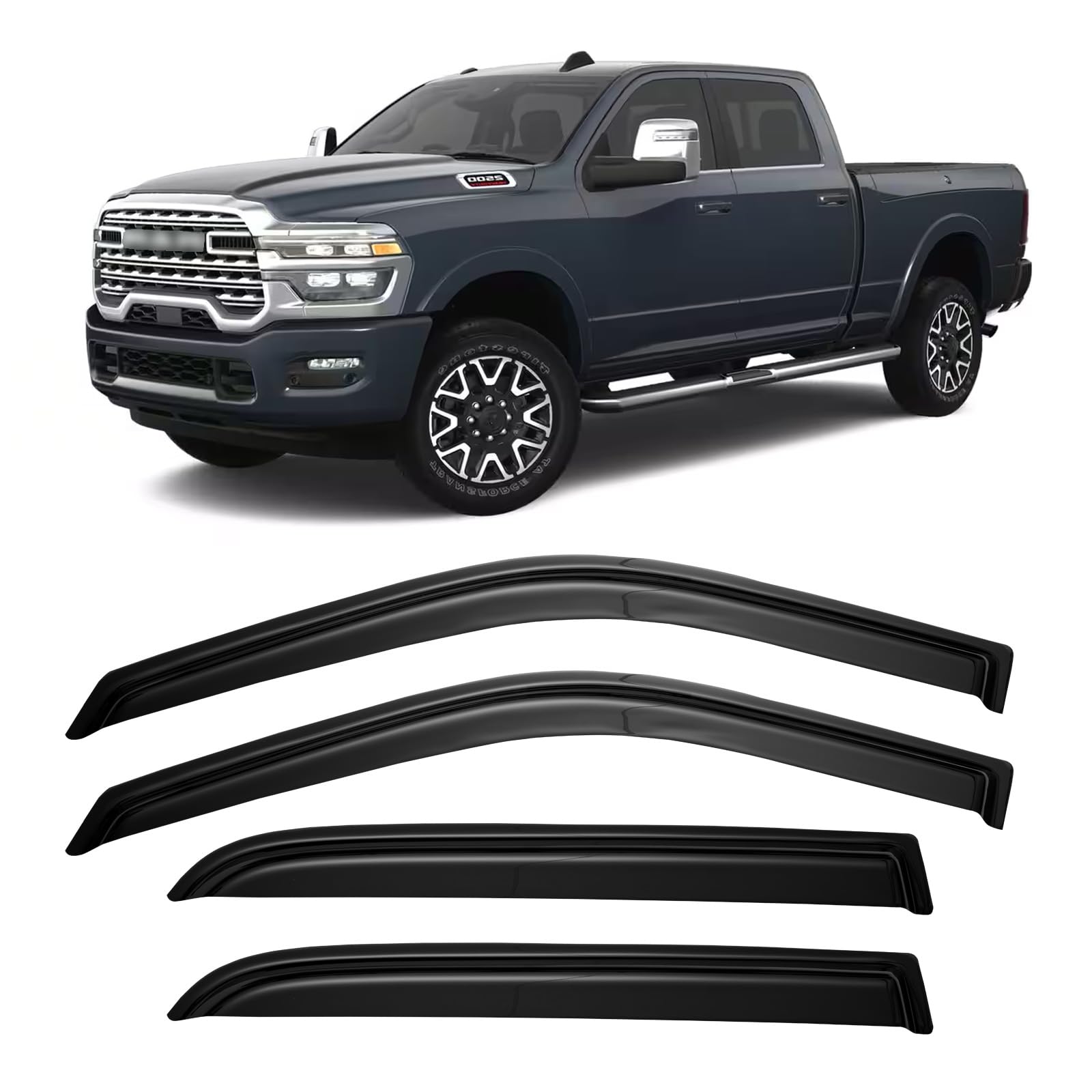 YQAUTEC window visors on Dodge Ram 2500 Crew Cab front visor boosts airflow and rain protection