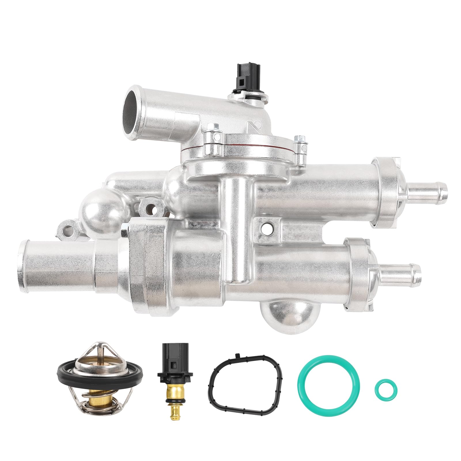 YBDDZH aluminium coolant thermostat housing kit, side view, built for durability and efficient heat management.