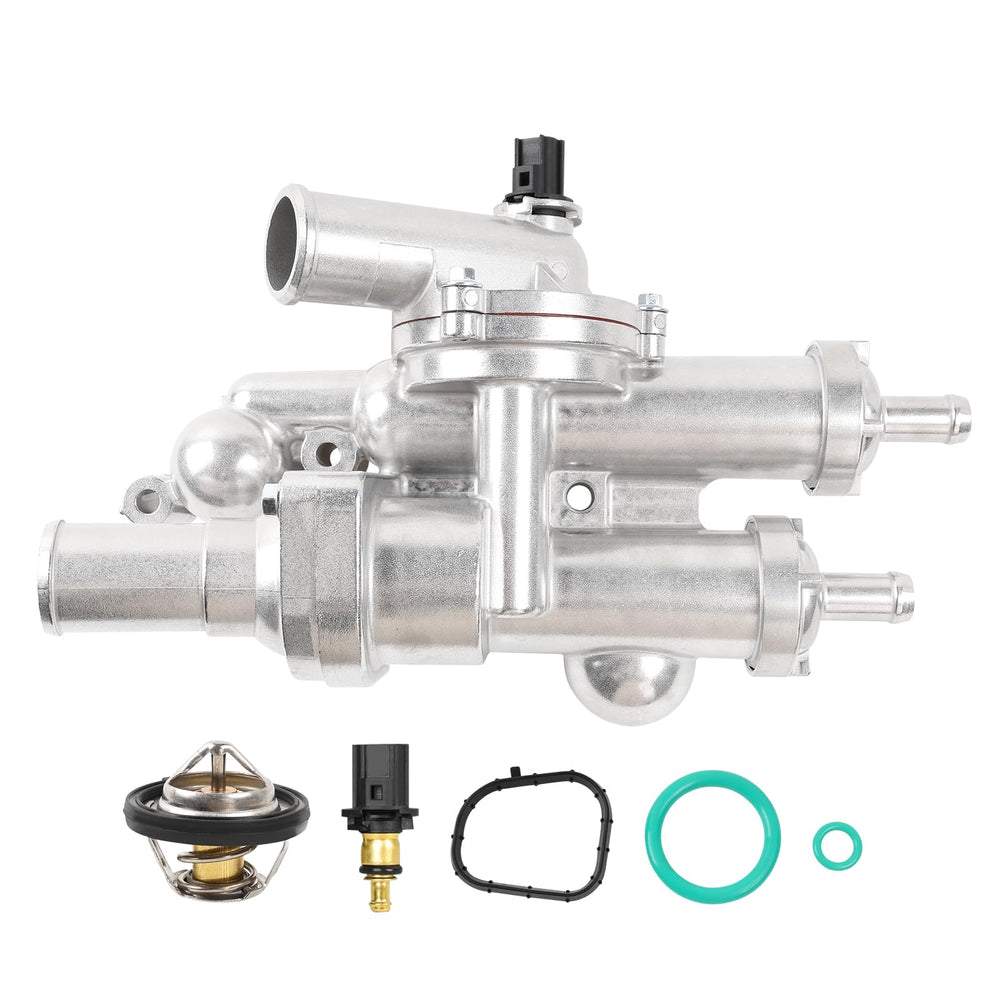 YBDDZH aluminium coolant thermostat housing kit, side view, built for durability and efficient heat management.