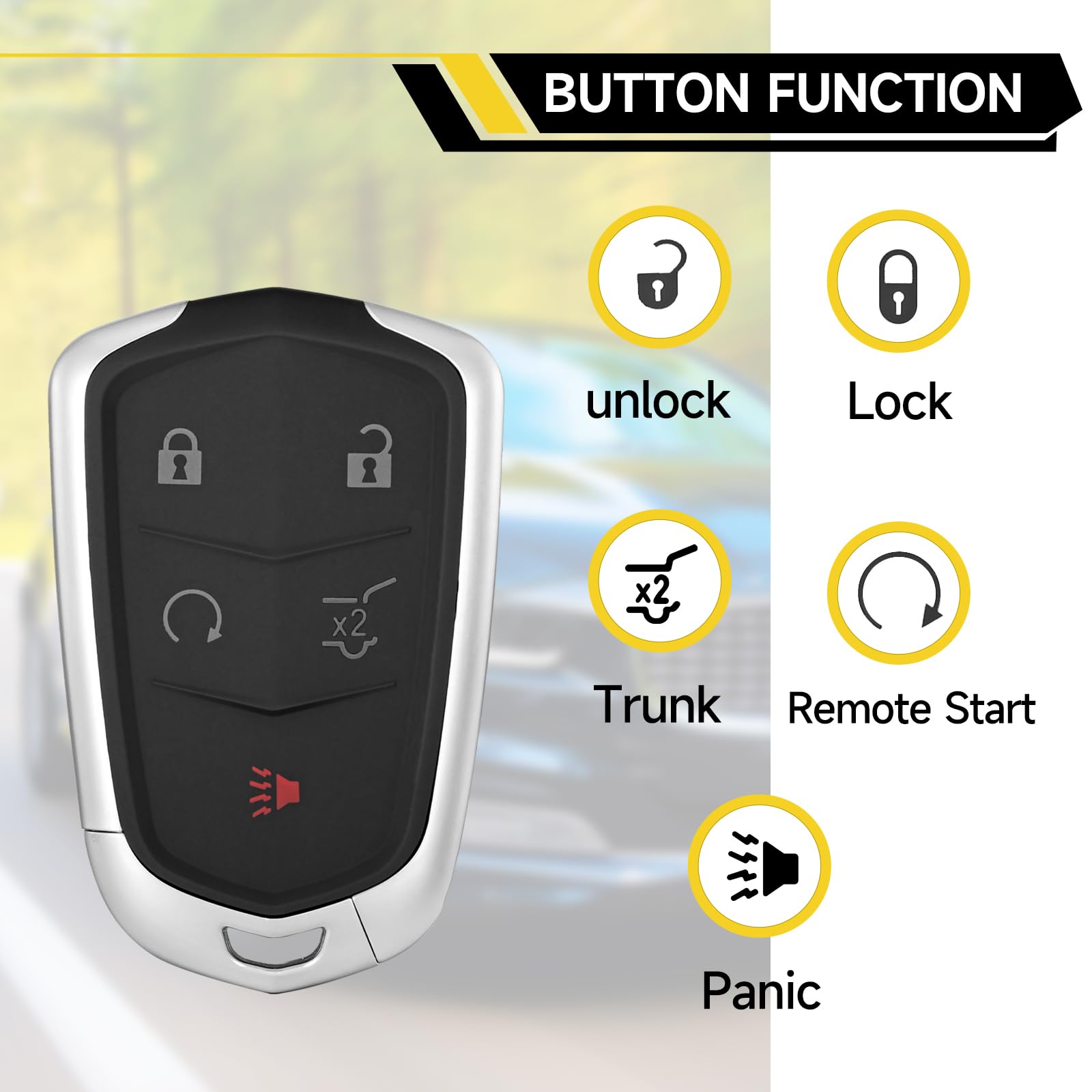 YDTHTLAH HYQ2EB fob back view, 433MHz compatibility for Cadillac XT4.