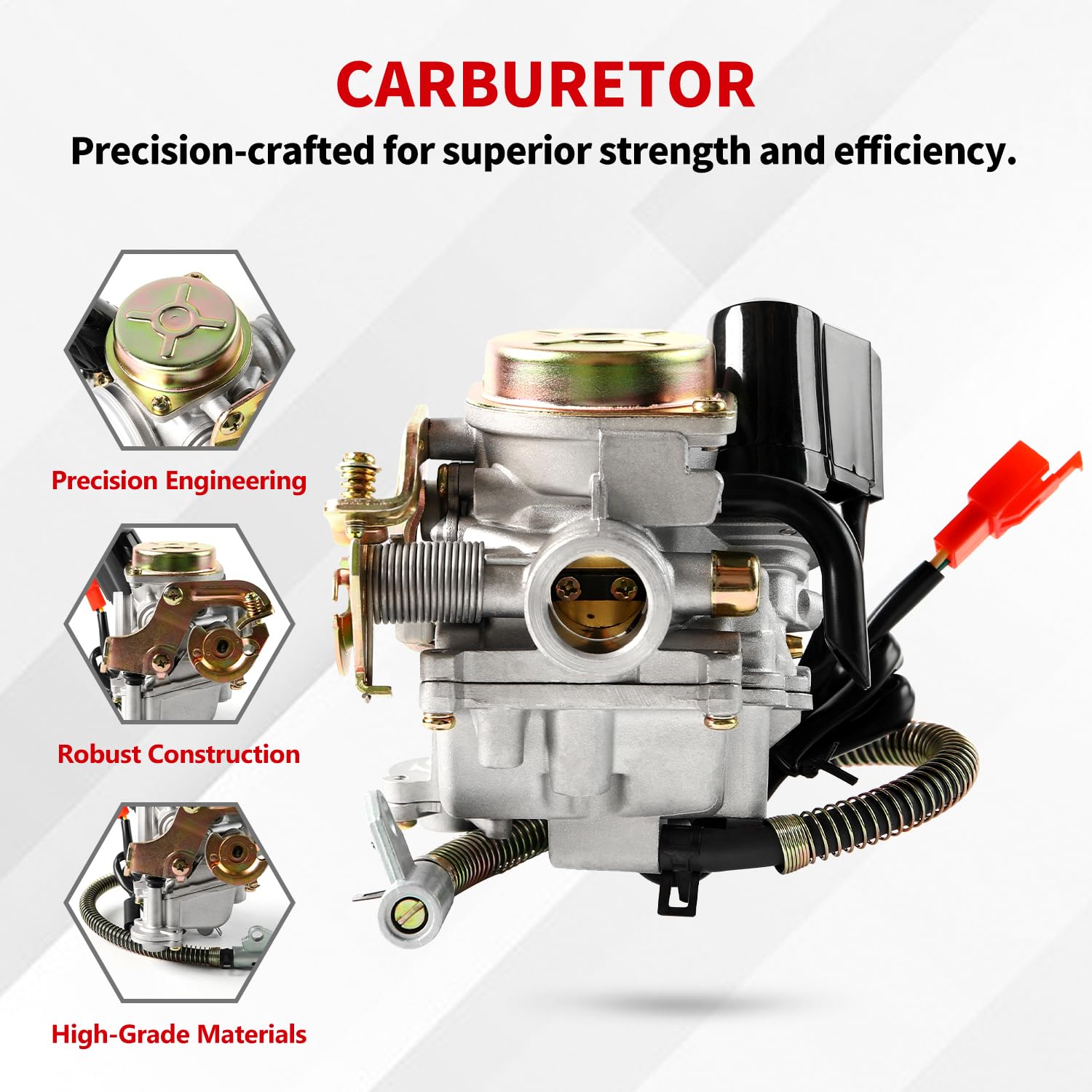 YDO GY6 50cc carburetor body close-up highlighting durable construction.