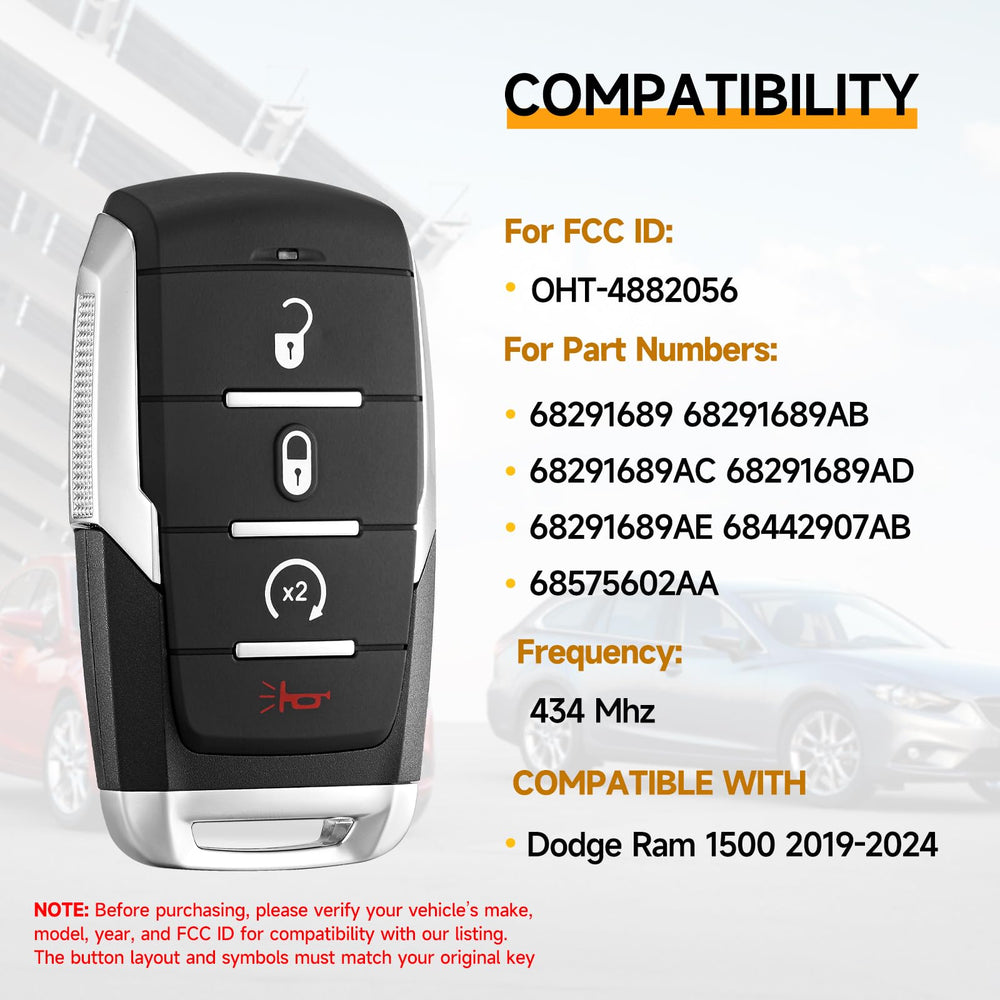 YDTHTLAH Dodge Ram 1500 key fob back shows battery area and compatibility features.