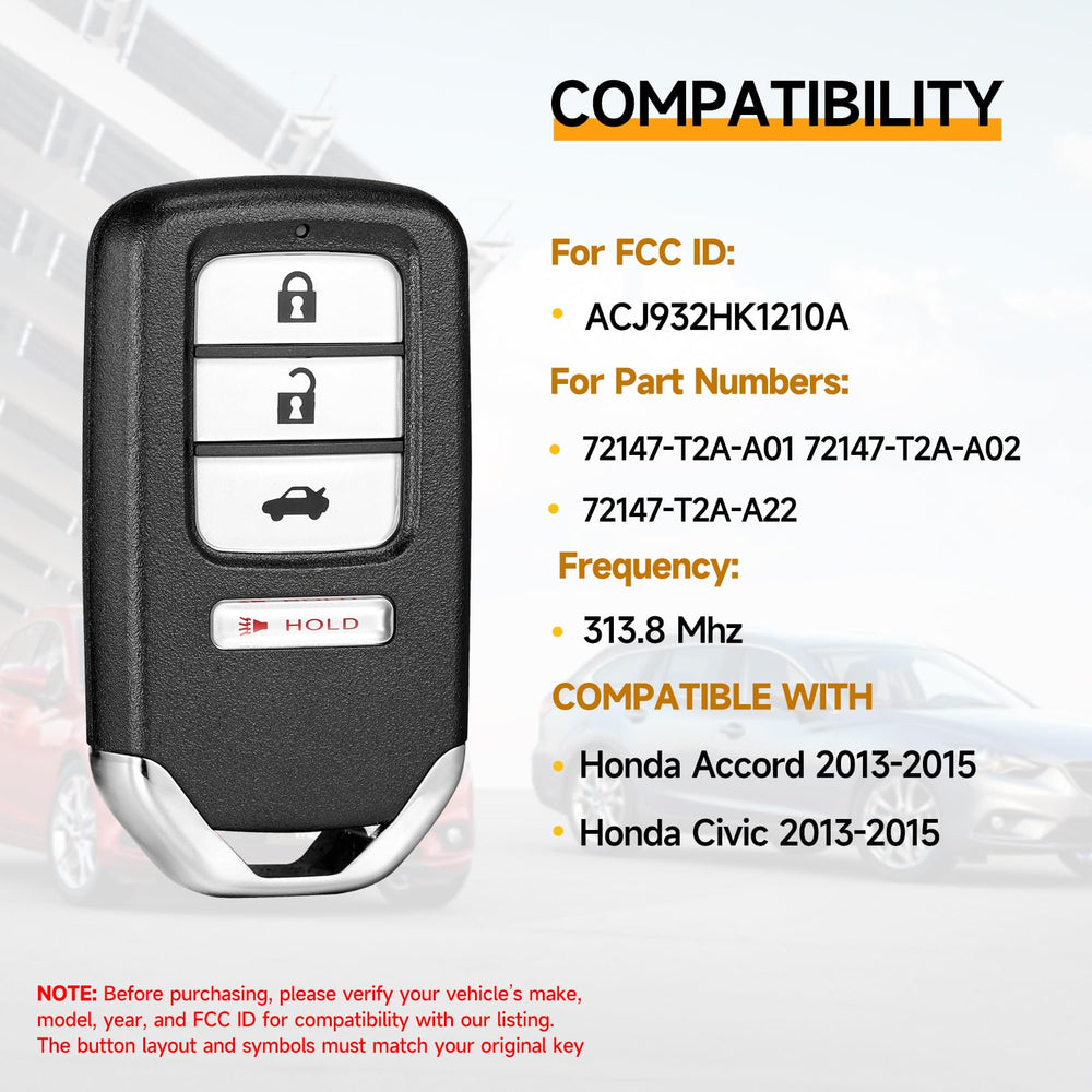 YDTHTLAH replacement fob back view for Honda Civic 2013-2015, 72147-T2A-A01/02.