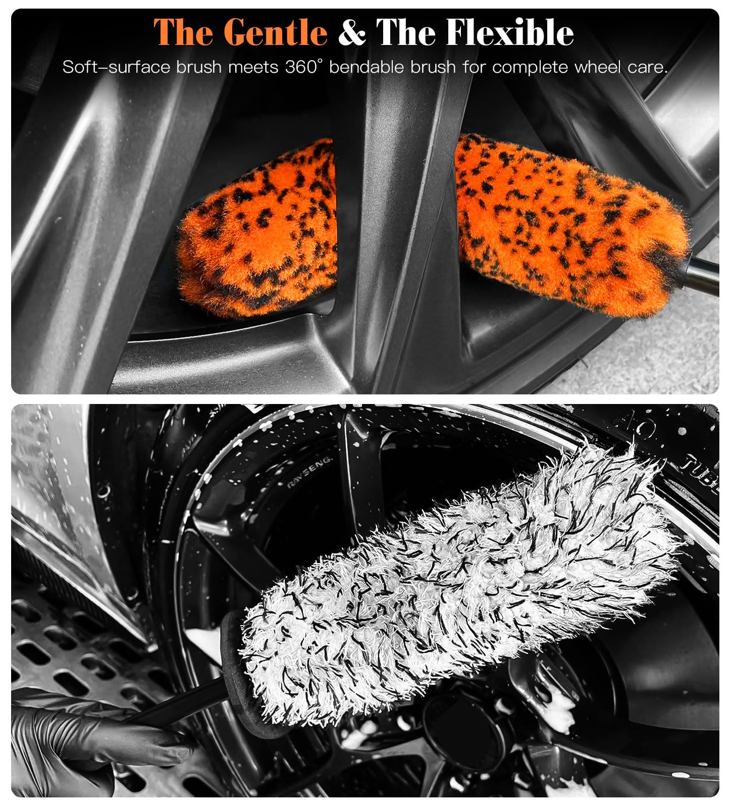 YeewayVeh 360-degree bendable wheel brush accesses inner barrels and behind spokes.