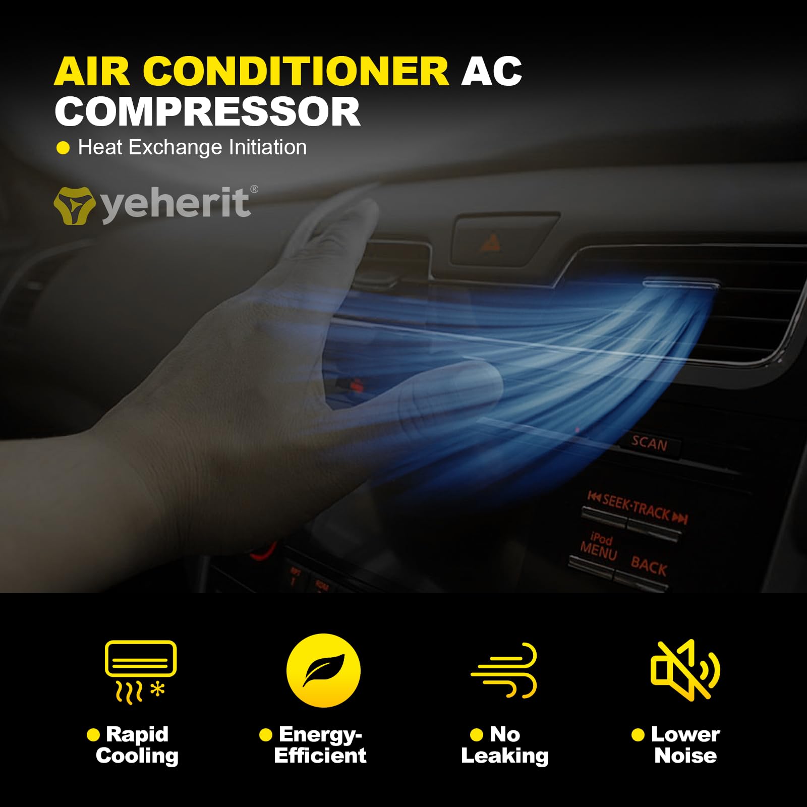 YEHERIT AC compressor with clutch — in-box packaging for OE-quality replacement.