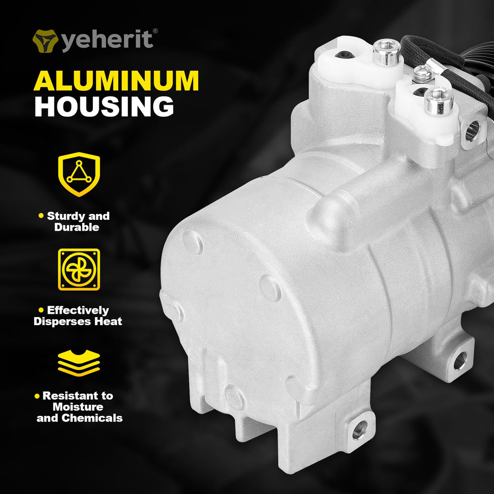 YEHERIT AC compressor with clutch — pulley detail highlights 6-groove design.