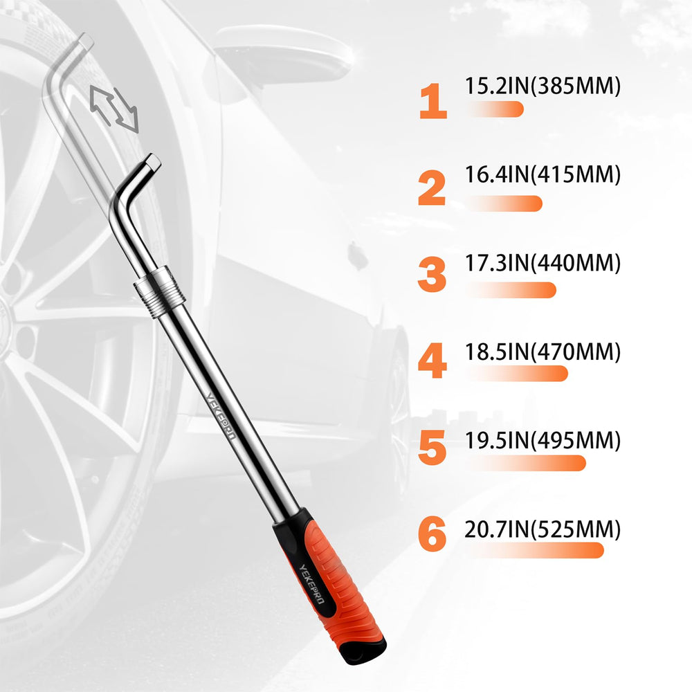 YEKEPRO extendable lug wrench in 6-position length for added leverage on stubborn lug nuts.