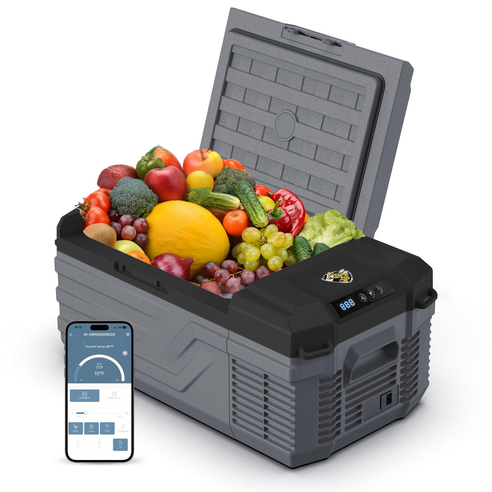 Yellow Jacket 12V car fridge front view showcasing compact portable cooling for vehicles.