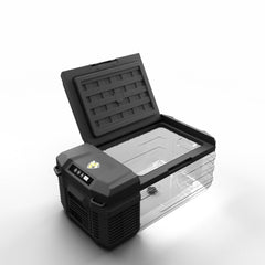 Yellow Jacket 12V car fridge open lid shows 16-quart capacity for quick loading.