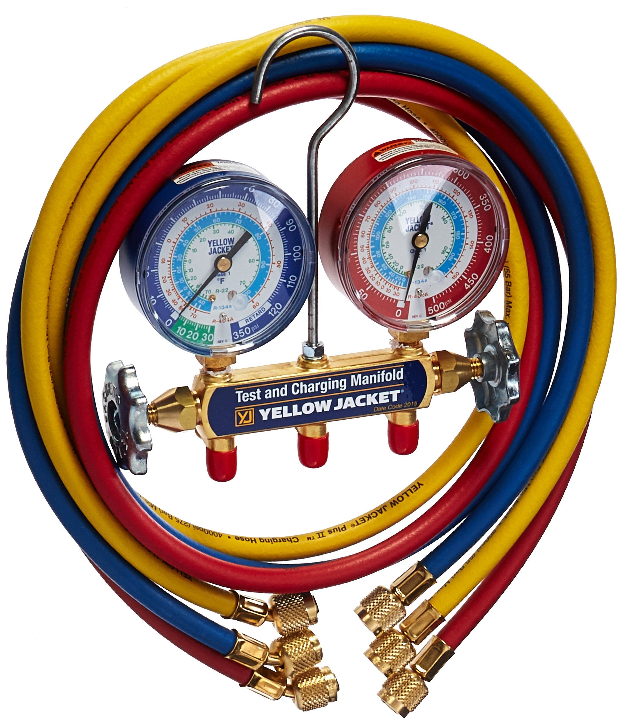Yellow Jacket 42006 Series 41 manifold with 3-1/8 inch gauge for precise readings.