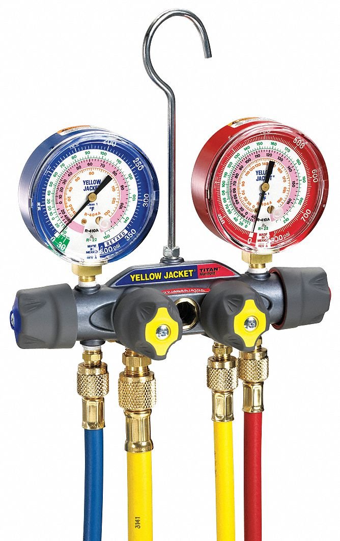 Yellow Jacket 49968 in-use image demonstrates four-hose system in a diagnostic scenario