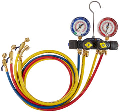 Yellow Jacket 49968 charging manifold side view highlights durable forged aluminum construction