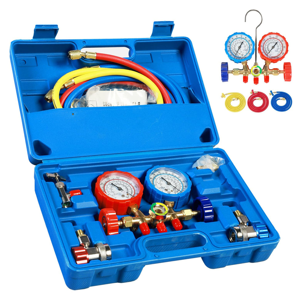 Yellow Jacket AC gauges 3-way manifold set for precise pressure readings during service.